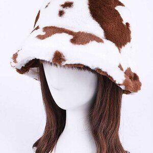 Cow Print Faux Fur Bucket Hat - Brown